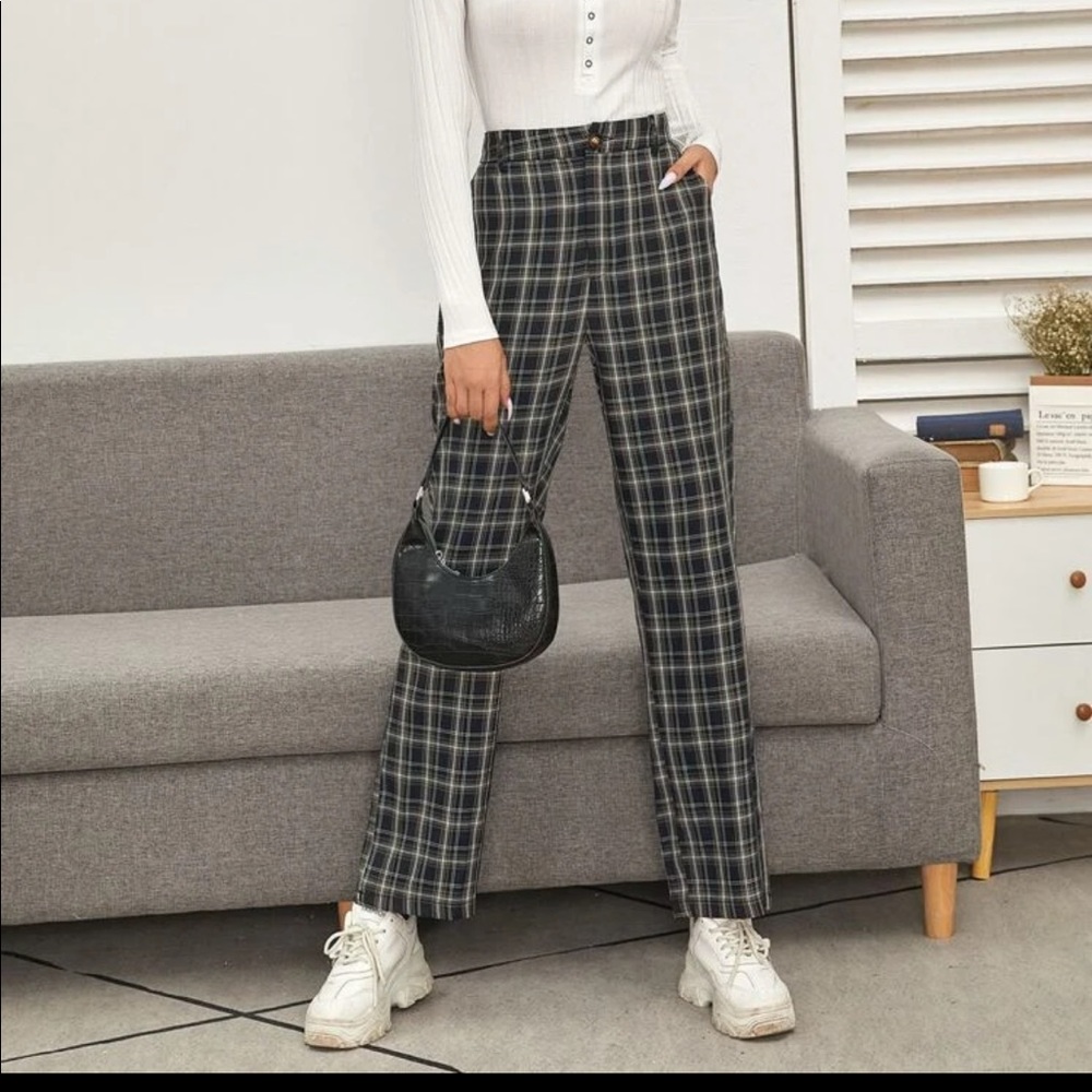 High Waisted Plaid Straight Leg Pants